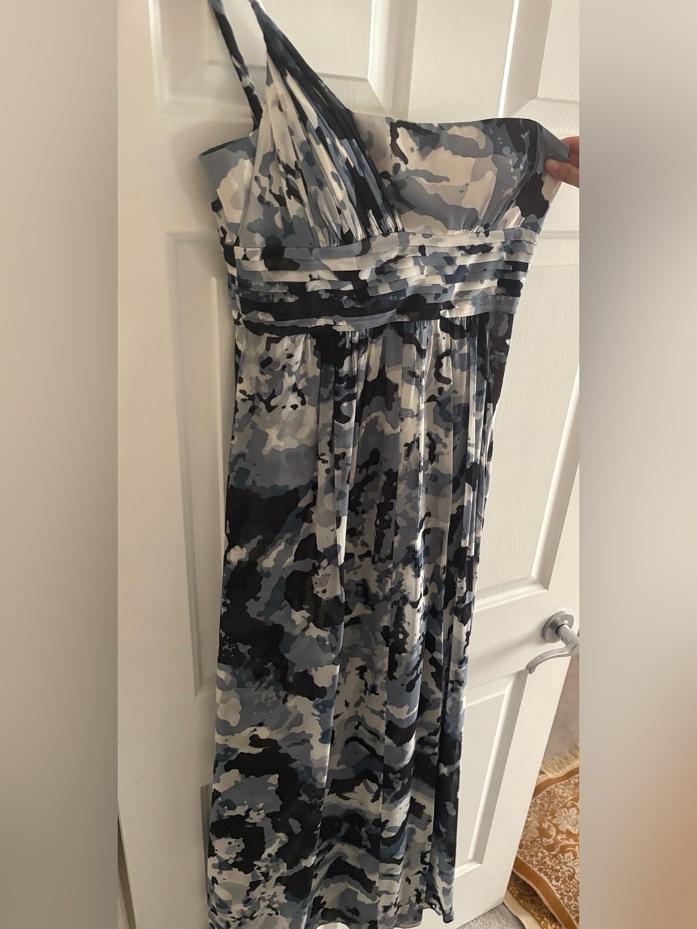 BCBGMaxAzria One-Shoulder Blue and Gray Camouflage Maxi Dress